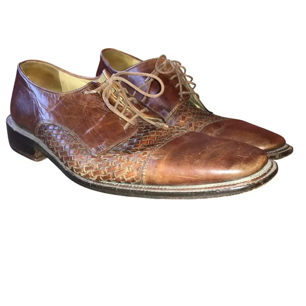 Folio New York Mens 10.5 Woven Italian Leather Oxford Brown Business CapToe Shoe
